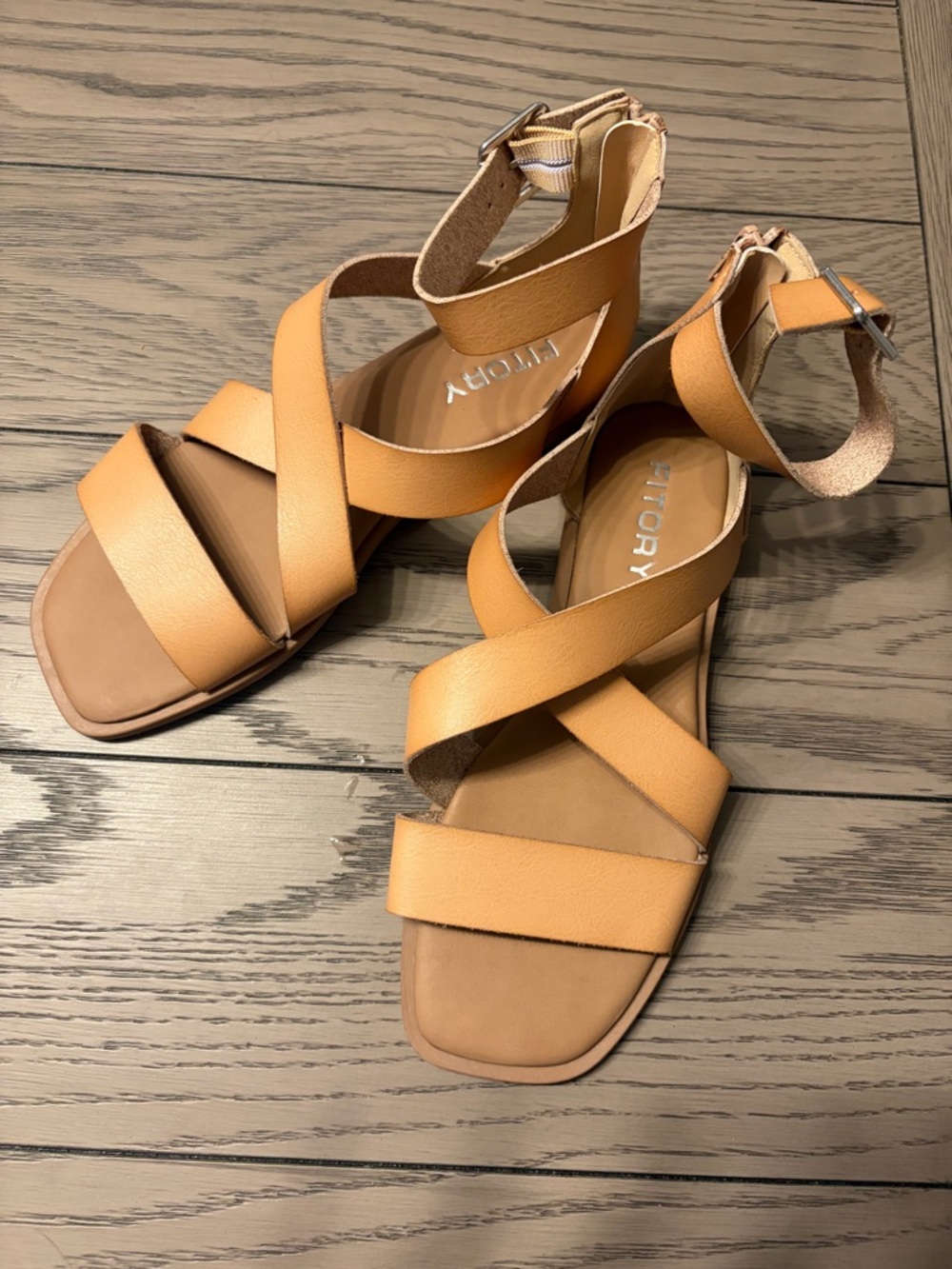 NWOT: Fitory Peach-Tan Crisscross Ankle Strap Sandals